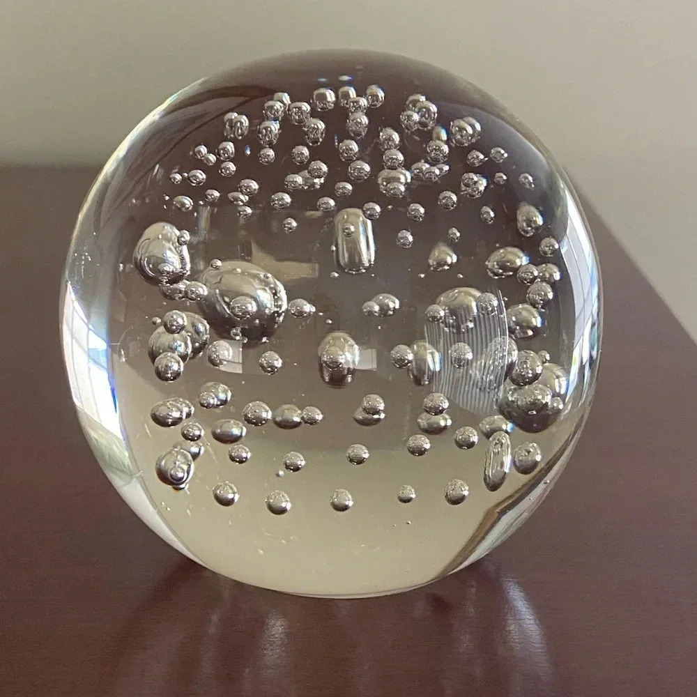 Clear controlled bubble paperweight 3” clear polished bottom unsigned